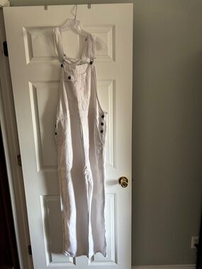 Sundance White Linen-Blend Overalls with Button Detail